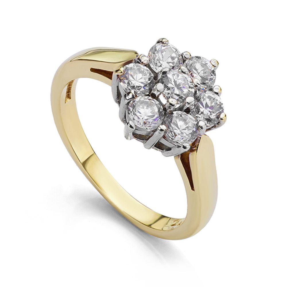 Pre-loved Cubic Zirconia diamond effect daisy ring in 9ct yellow gold