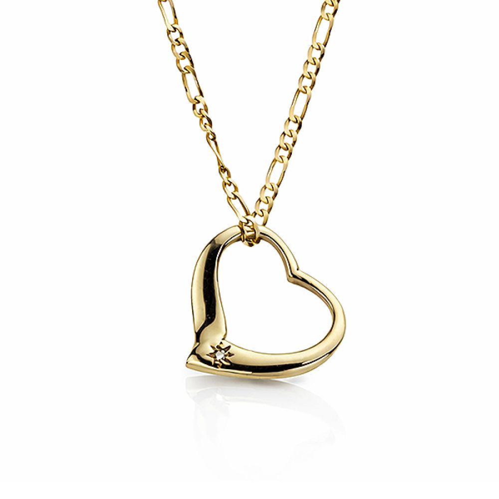 Pre-loved gold and diamond open heart necklace on figaro chain