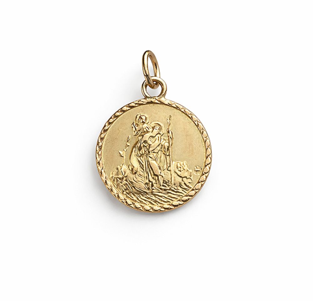 Pre-loved gold st. christopher pendant with patterned edge detail