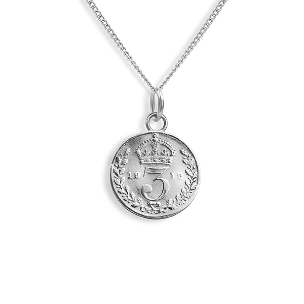 Georgian 3 pence vintage coin silver necklace front