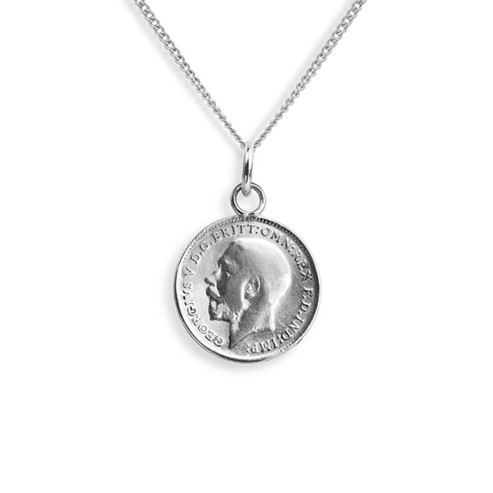 Georgian 3 pence vintage coin silver necklace front