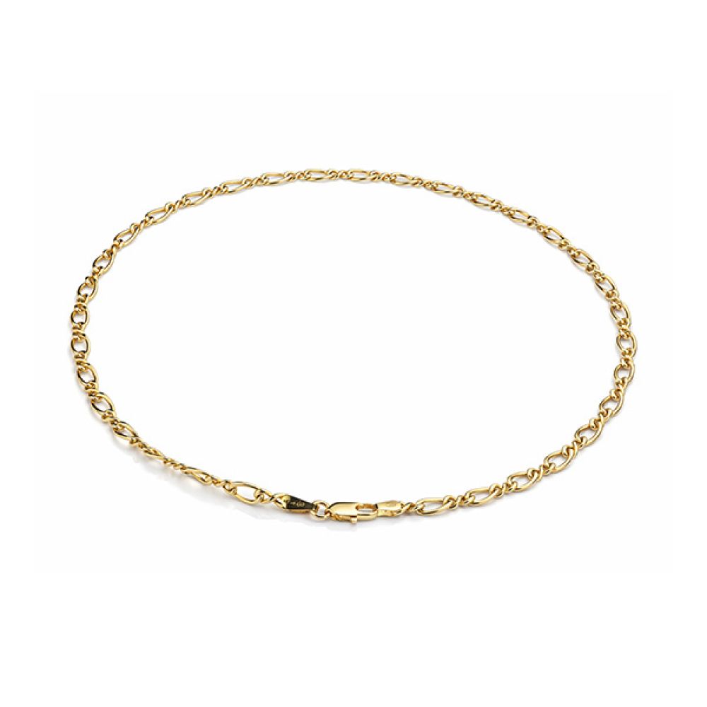 Twisted link Figaro 9ct yellow gold chain on white background