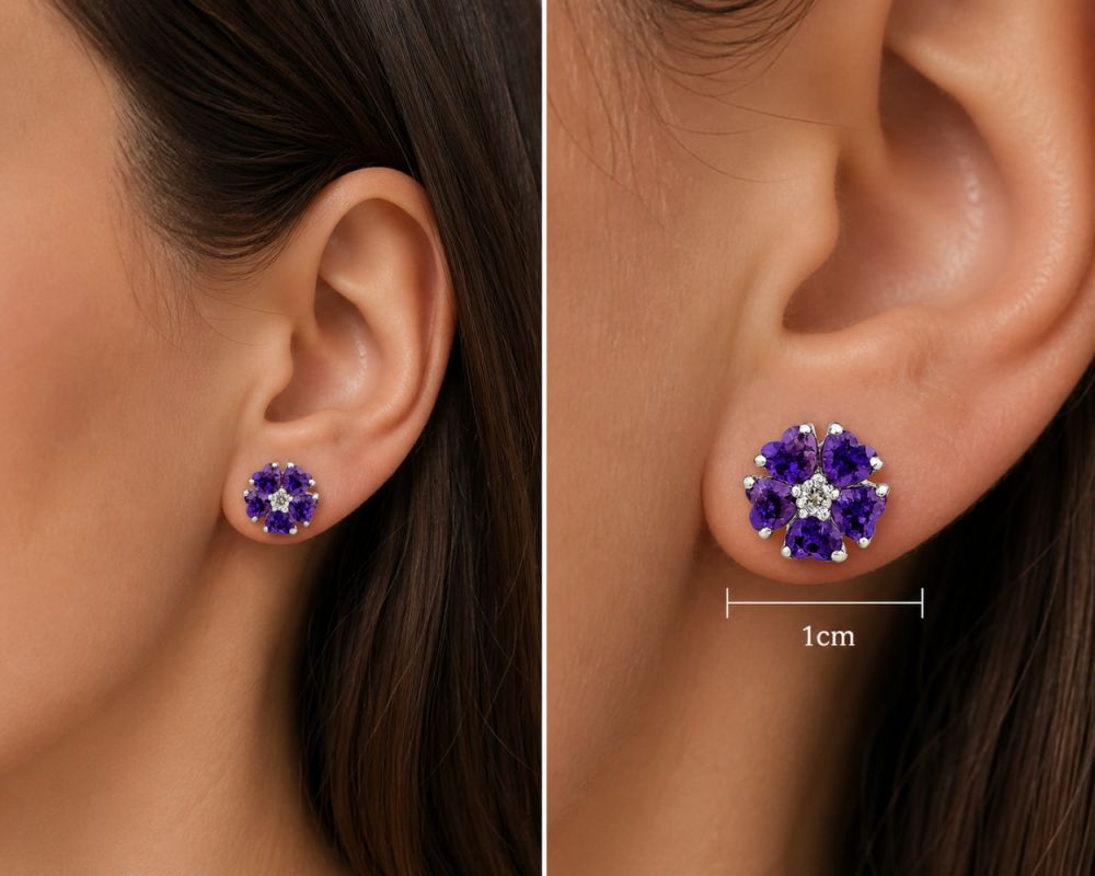 Amethyst and CZ earrings shown to scale within the ear