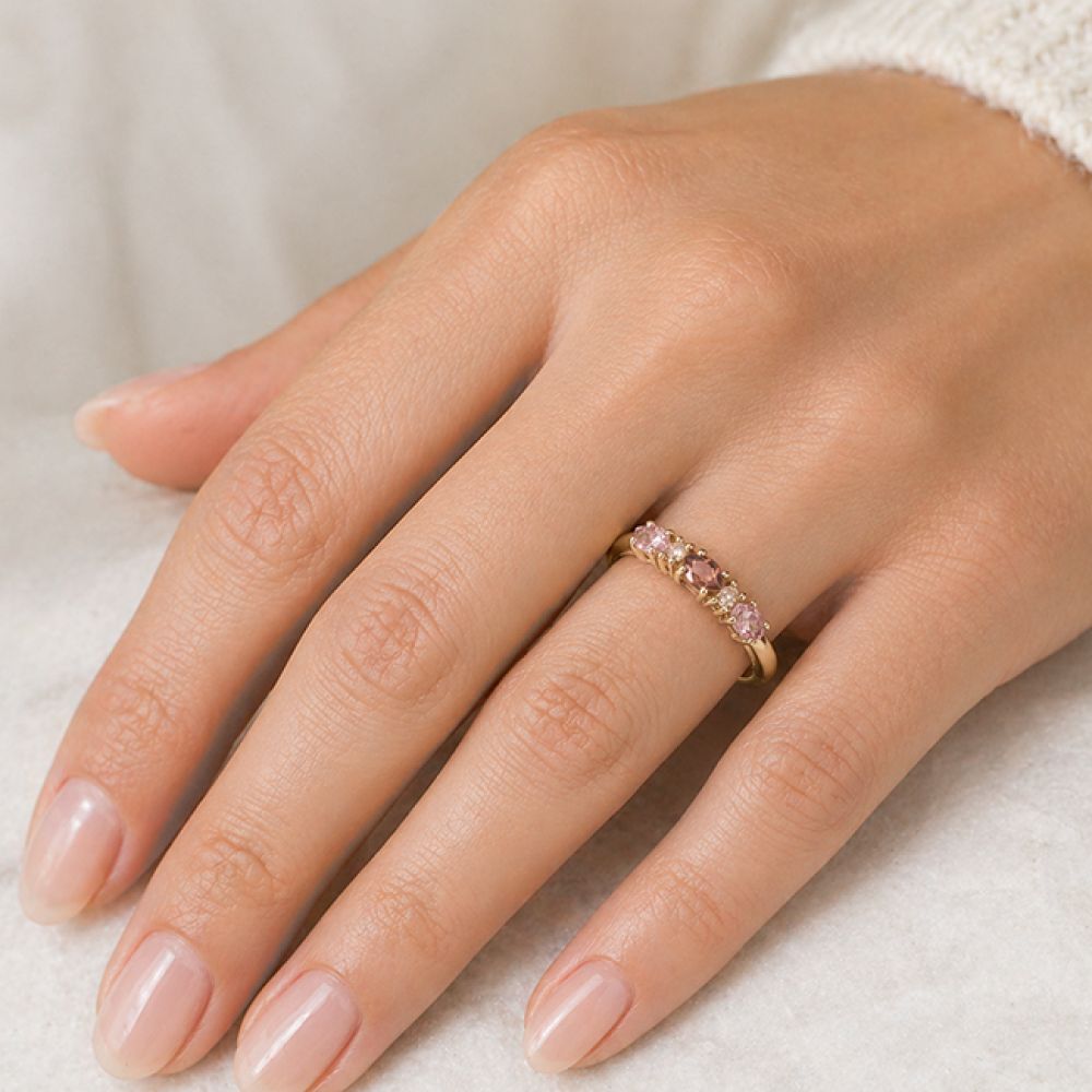 Mixed Champagne Garnet & Imperial Topaz Ring in 9ct Yellow Gold Shown on the Hand. Artists impression.