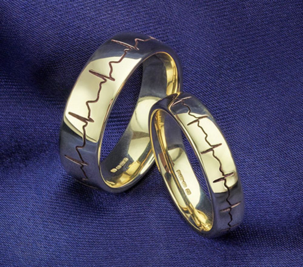 Mens gold wedding rings with heartbeat engraving