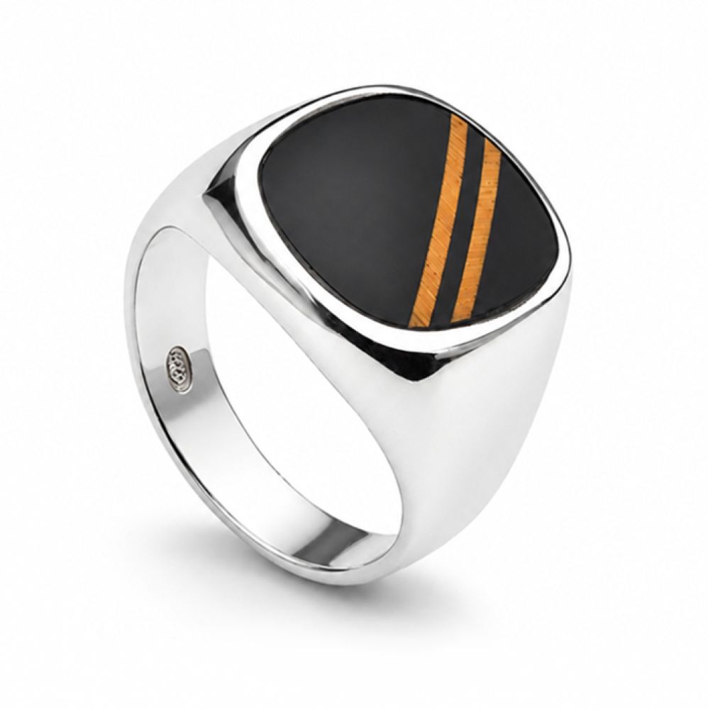 ilver Striped Tiger's Eye in Onyx Signet Ring