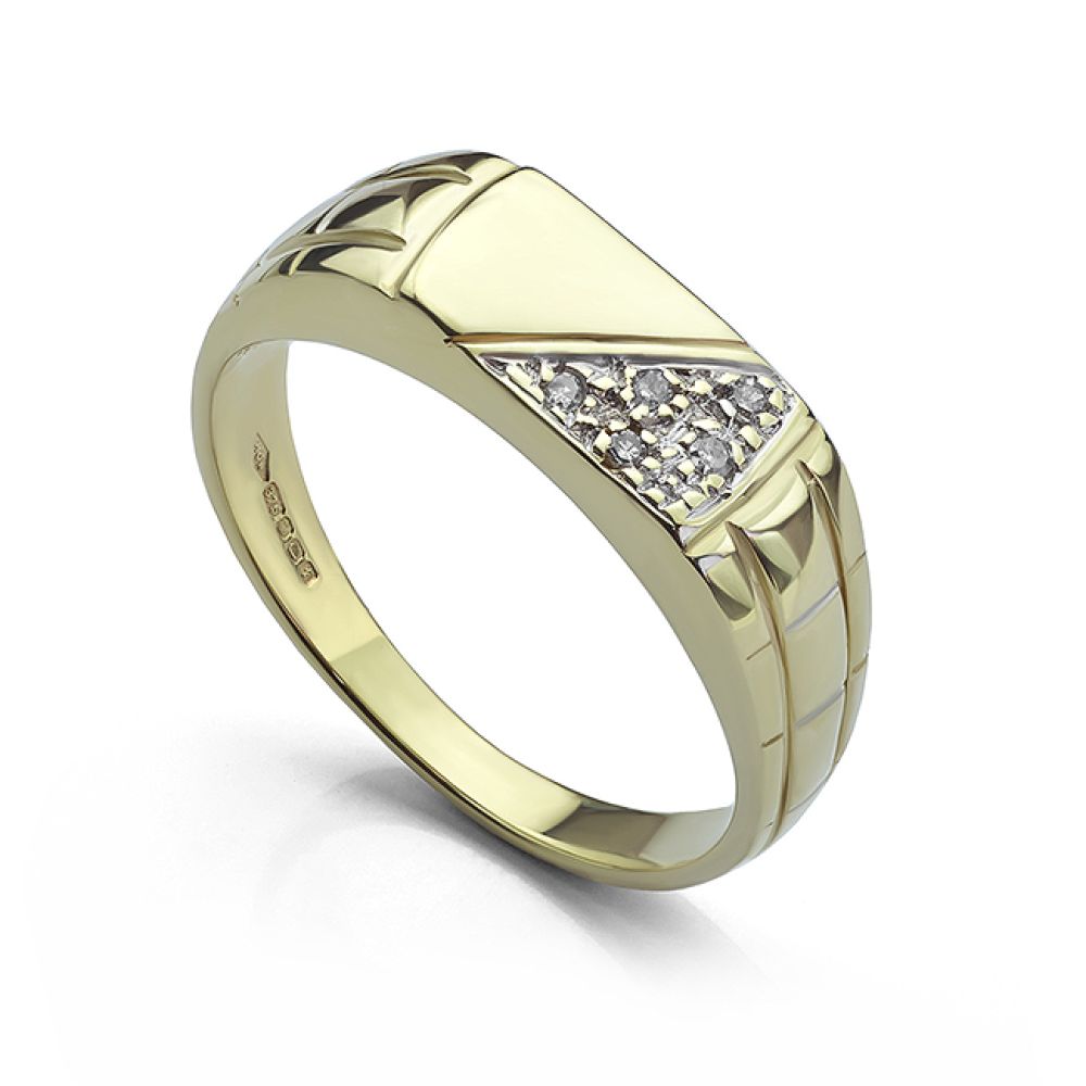 Mens pre-loved refurbished gold pavé diamond signet ring