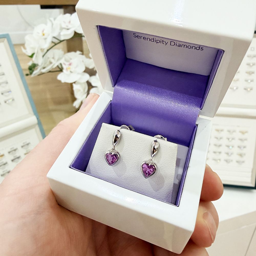 Bespoke Heart-Shaped Pink Sapphire Drop Earrings in Box
