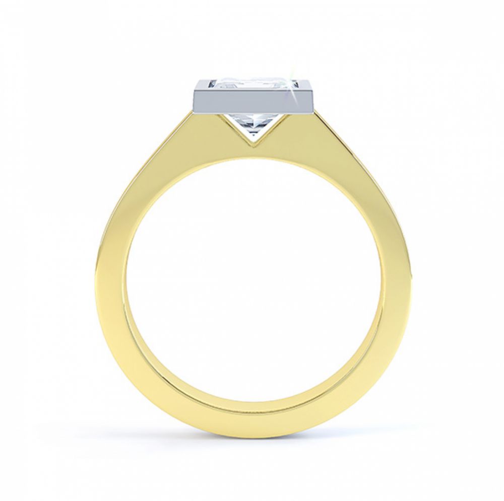 Moderne Princess cut solitaire diamond engagement ring side view yellow gold Moderne Princess cut solitaire diamond engagement ring side view yellow gold