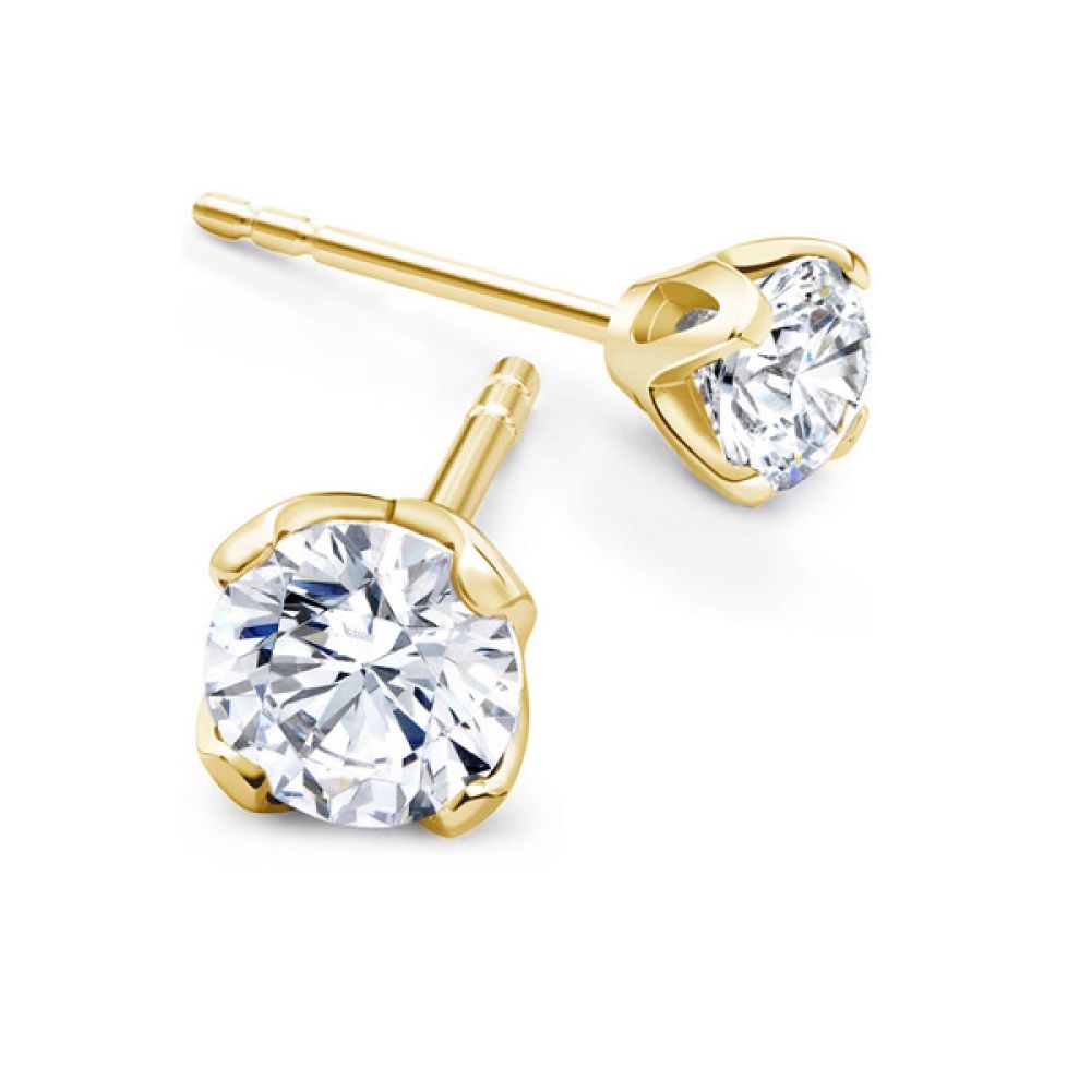 Tiffany Inspired Lotus 4 Claw Diamond Stud Earrings Yellow Gold