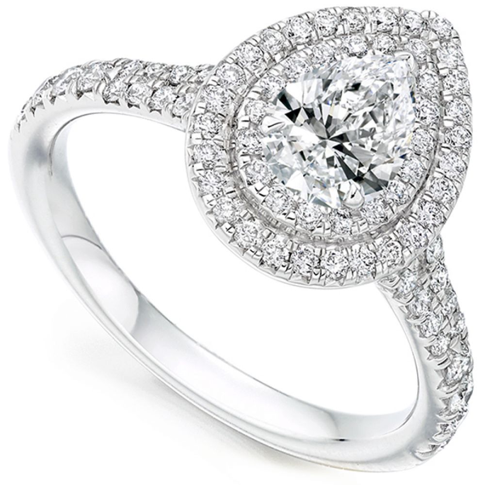 Pear shaped double halo diamond engagement ring