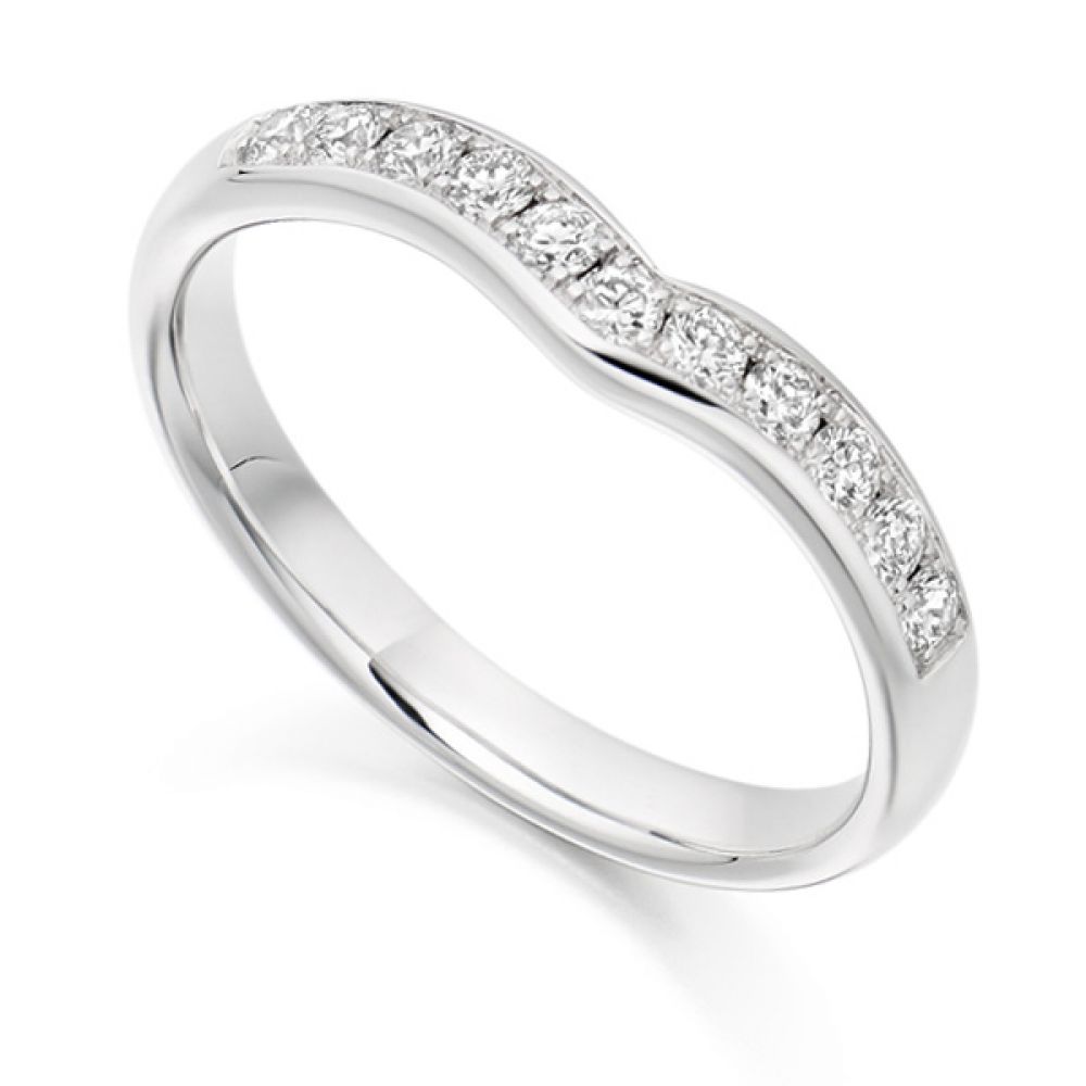 Curved shaped diamond wedding band, white gold