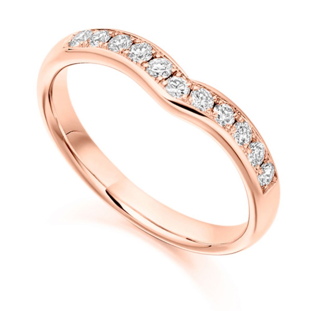 Curved shaped diamond wedding band, Yellow gold