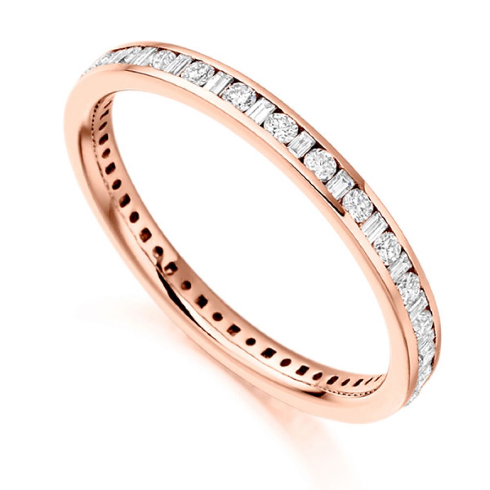 baguette and round brilliant cut diamond eternity ring rose gold