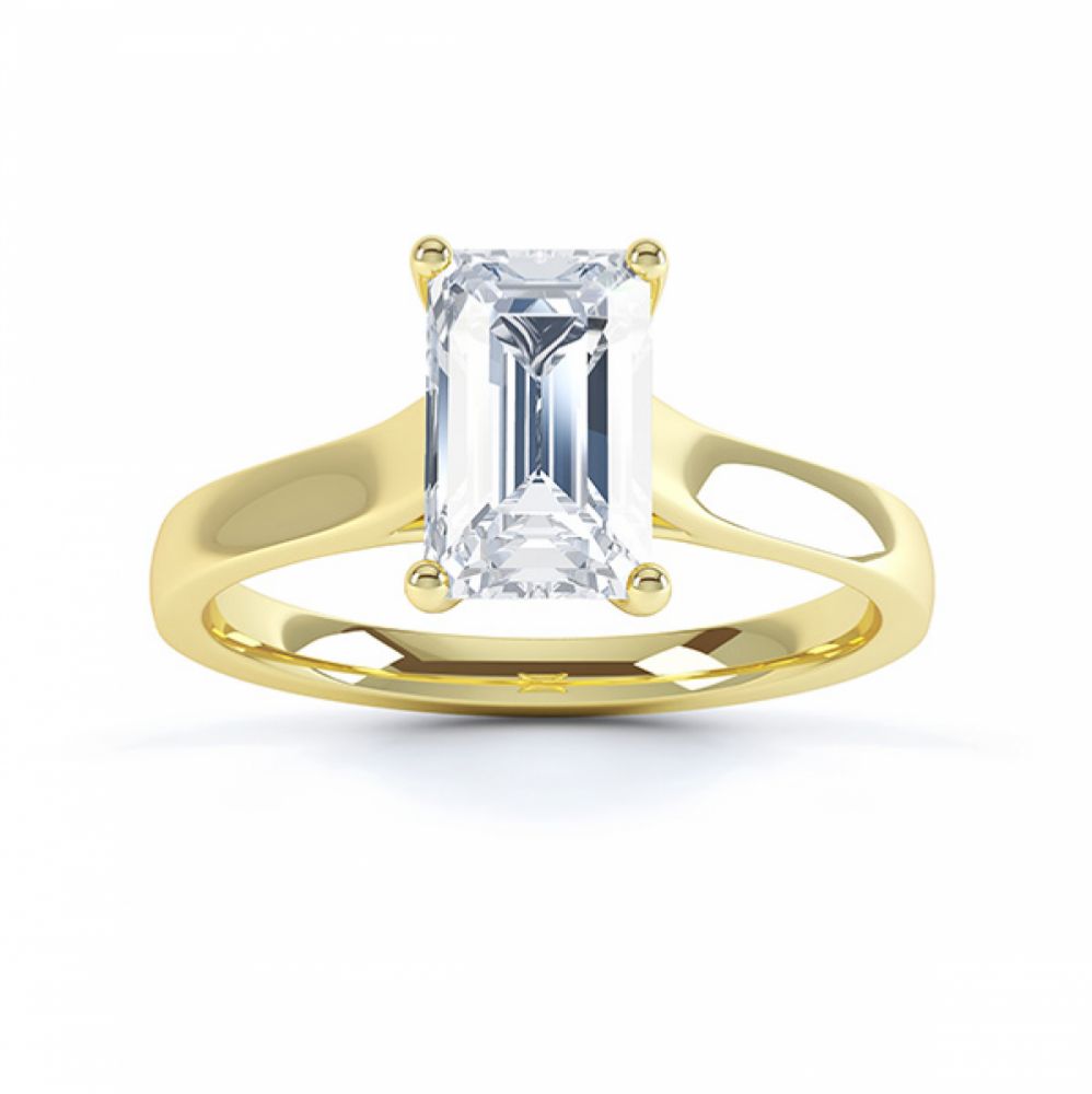 Modern 4 Claw Emerald Cut Diamond Engagement Ring top view yellow gold