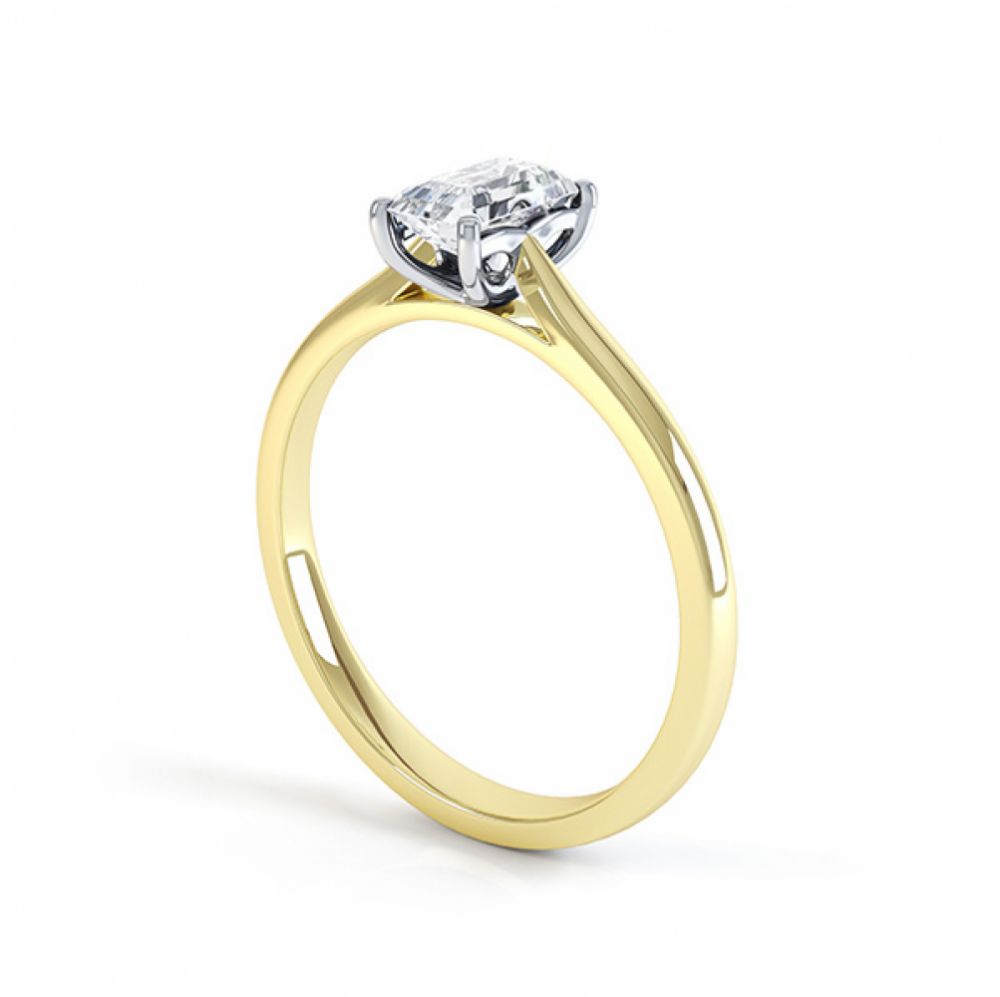 Another view of the single emerald cut diamond solitaire ring in yellow gold