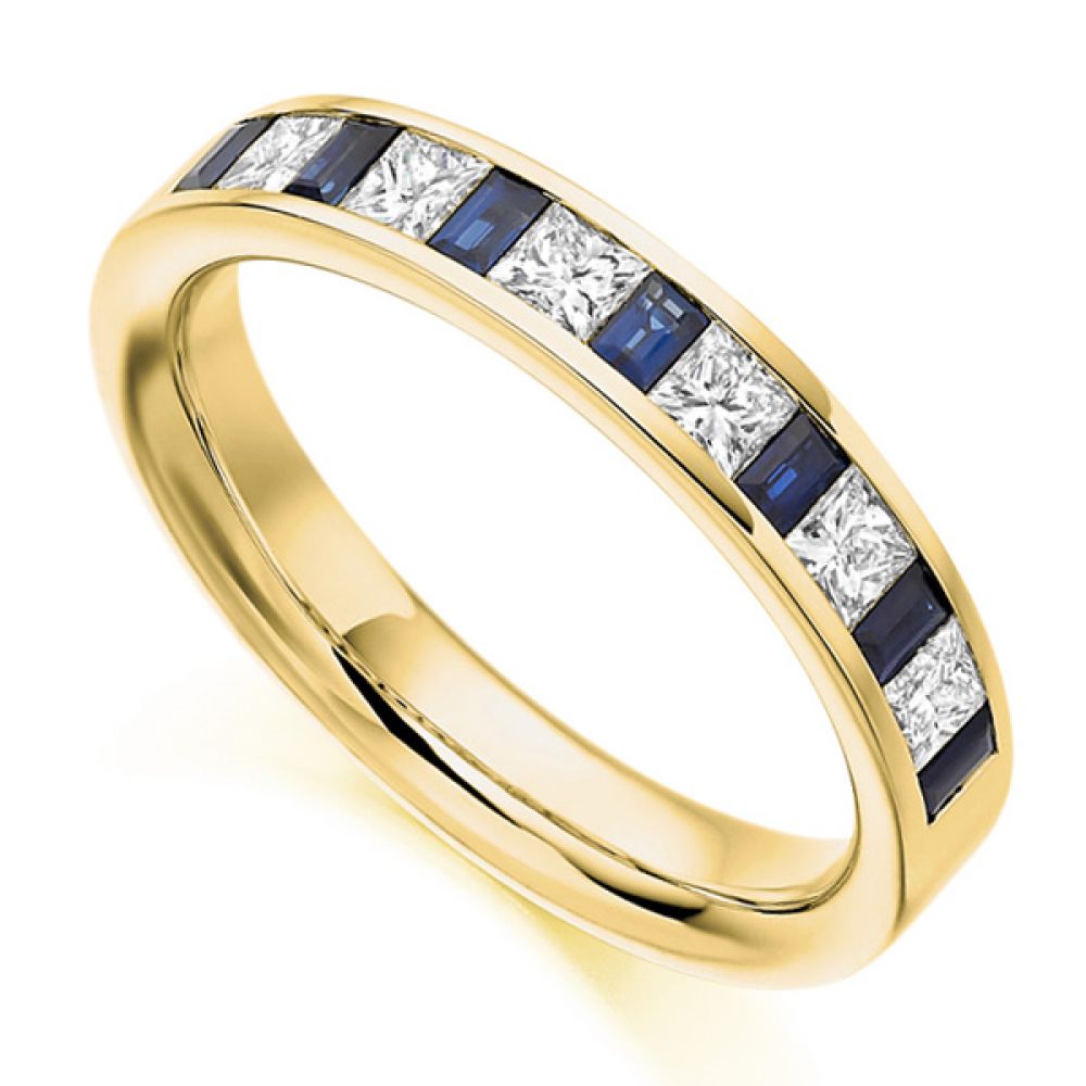 0.56ct Princess Diamond & Blue Sapphire Baguette Half Eternity Ring In Yellow Gold