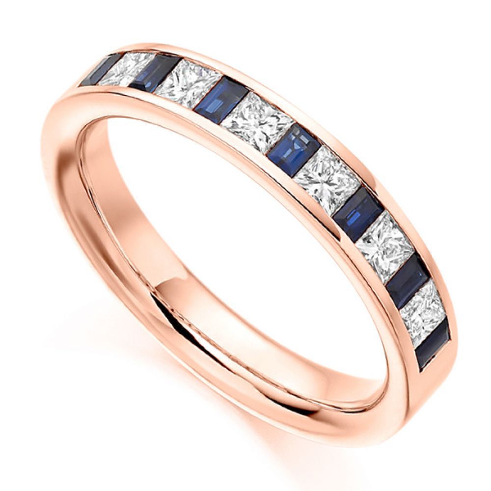 0.56ct Princess Diamond & Blue Sapphire Baguette Half Eternity Ring In Rose Gold