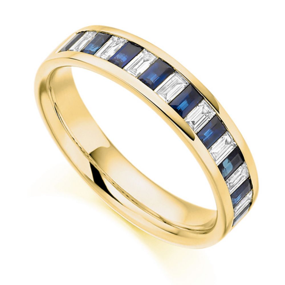 0.35cts Baguette Diamond Blue Sapphire Half Eternity Ring In Yellow Gold