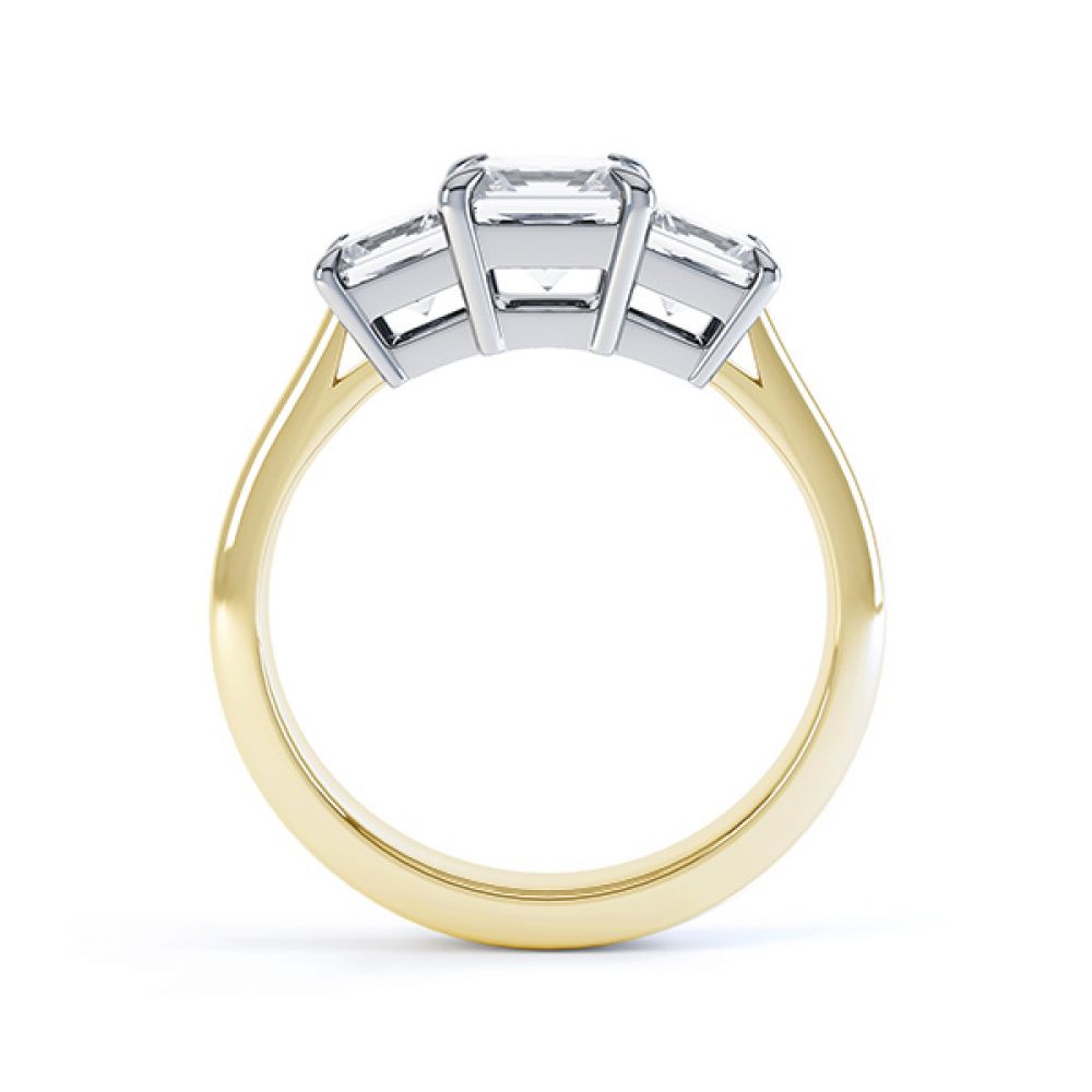 Three stone princess cut diamond engagement ring side view yellow gold Three stone princess cut diamond engagement ring side view yellow gold