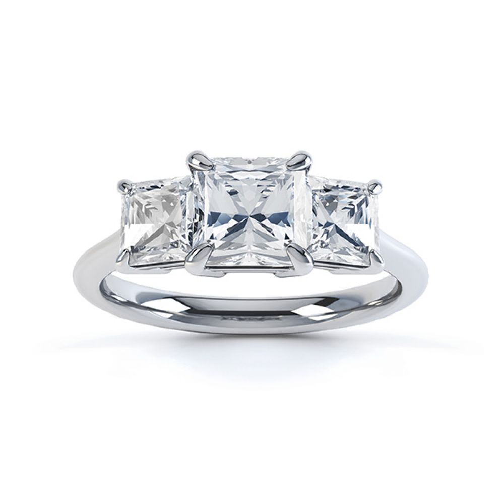 Three stone princess cut diamond engagement ring top view white gold Three stone princess cut diamond engagement ring top view white gold