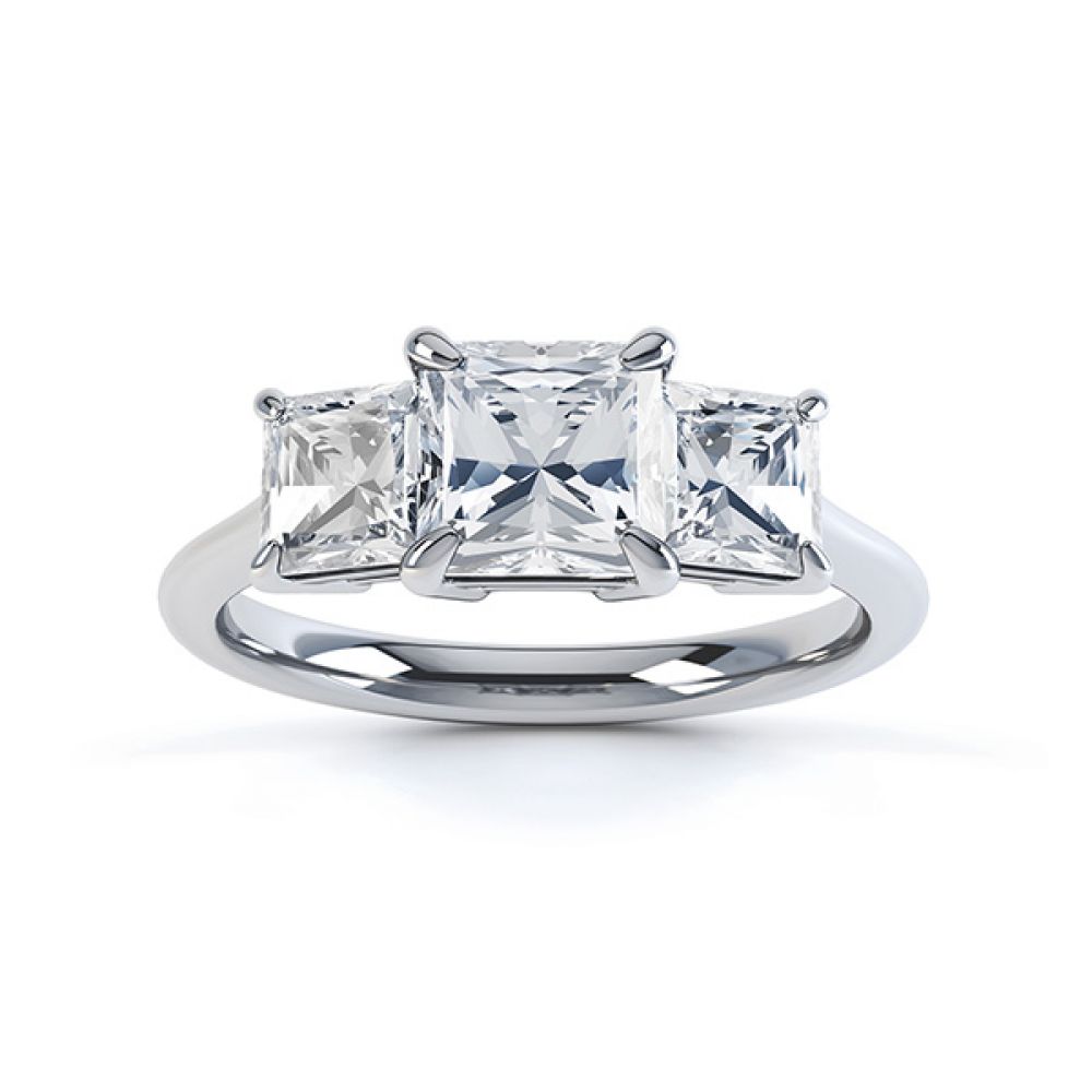 Three stone princess cut diamond engagement ring top view white gold