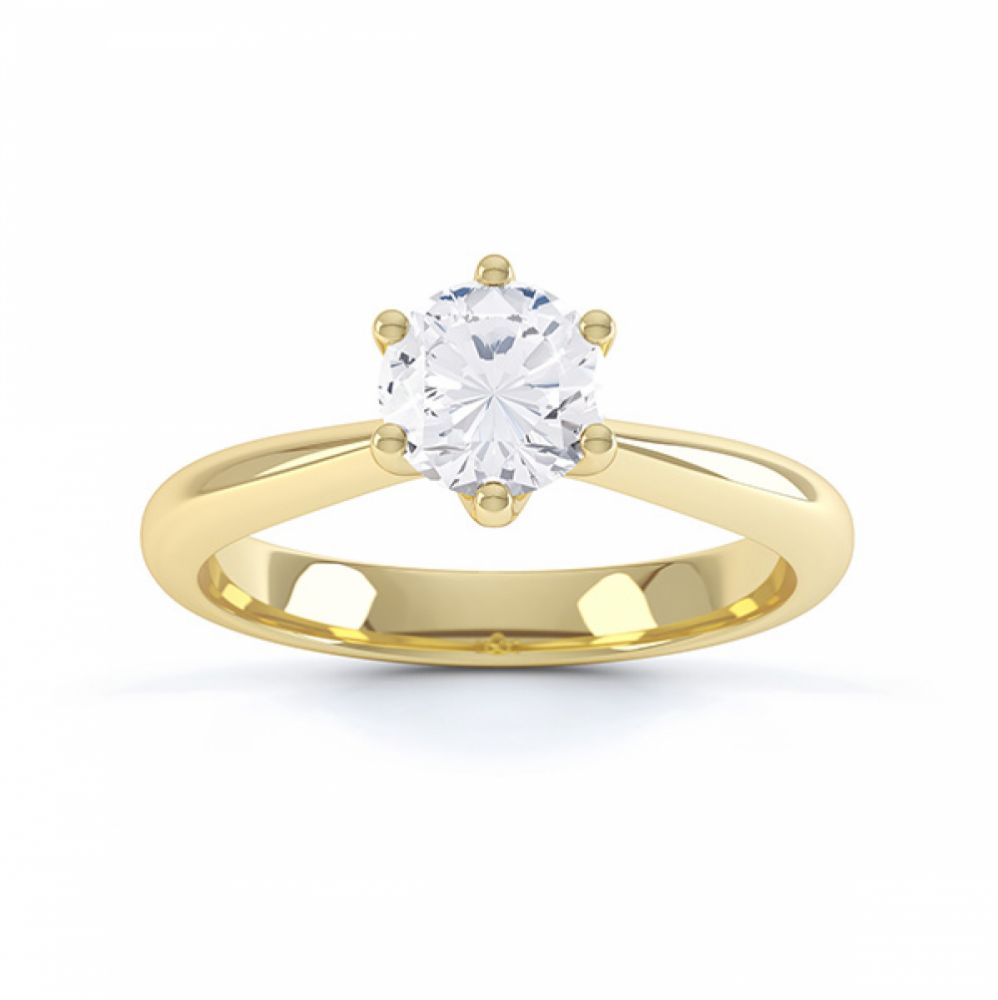 Modern destiny design 6 claw solitaire engagement ring top view yellow gold