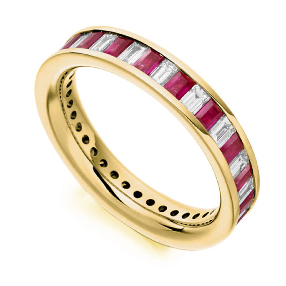 1 Carat Baguette Cut Diamond and Ruby Full Eternity Ring In Yellow Gold