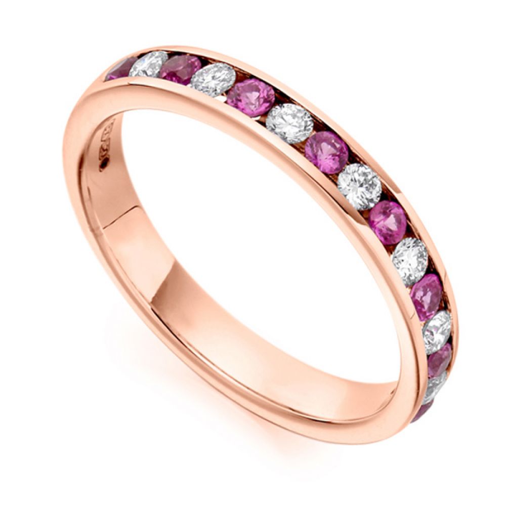 0.27cts Round Diamond & Pink Sapphire Half Eternity Ring In Rose Gold