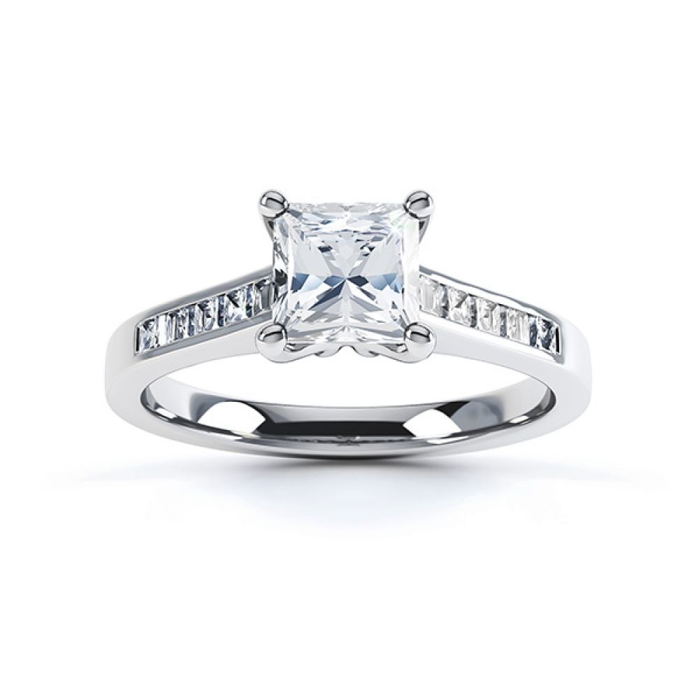 Fliss 4 claw Princess cut diamond engagement ring diamond shoulders top view in white gold