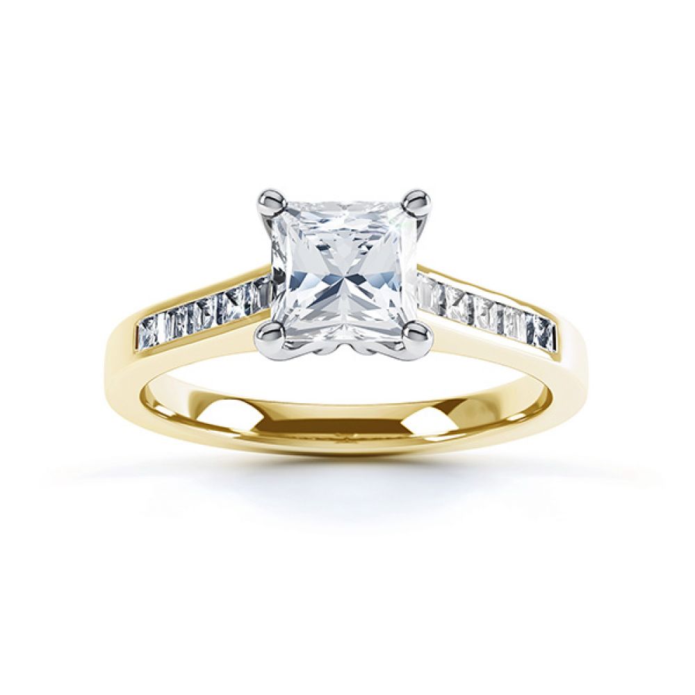 Fliss 4 claw Princess cut diamond engagement ring diamond shoulders top view in yellow gold