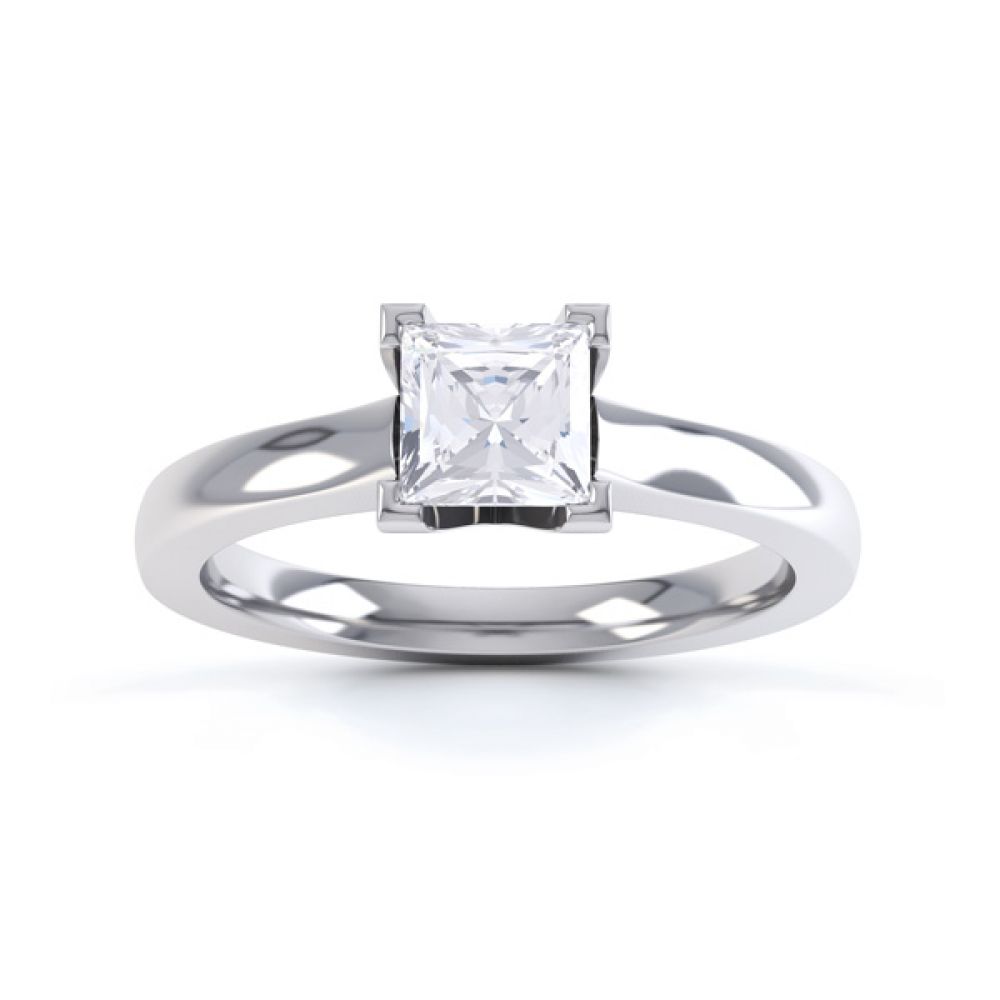 Princess Solitaire Engagement Ring with Low Setting Front View In White Gold