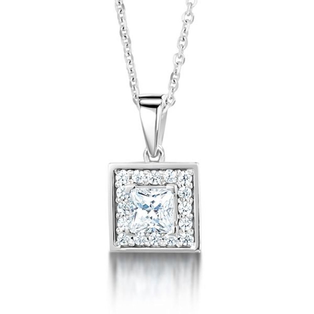 Modern Princess Cut Diamond Halo Pendant