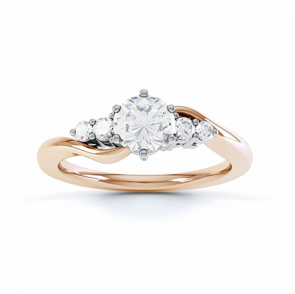 Lyra 5 stone diamond engagement ring top view in rose gold showing twisted shoulders