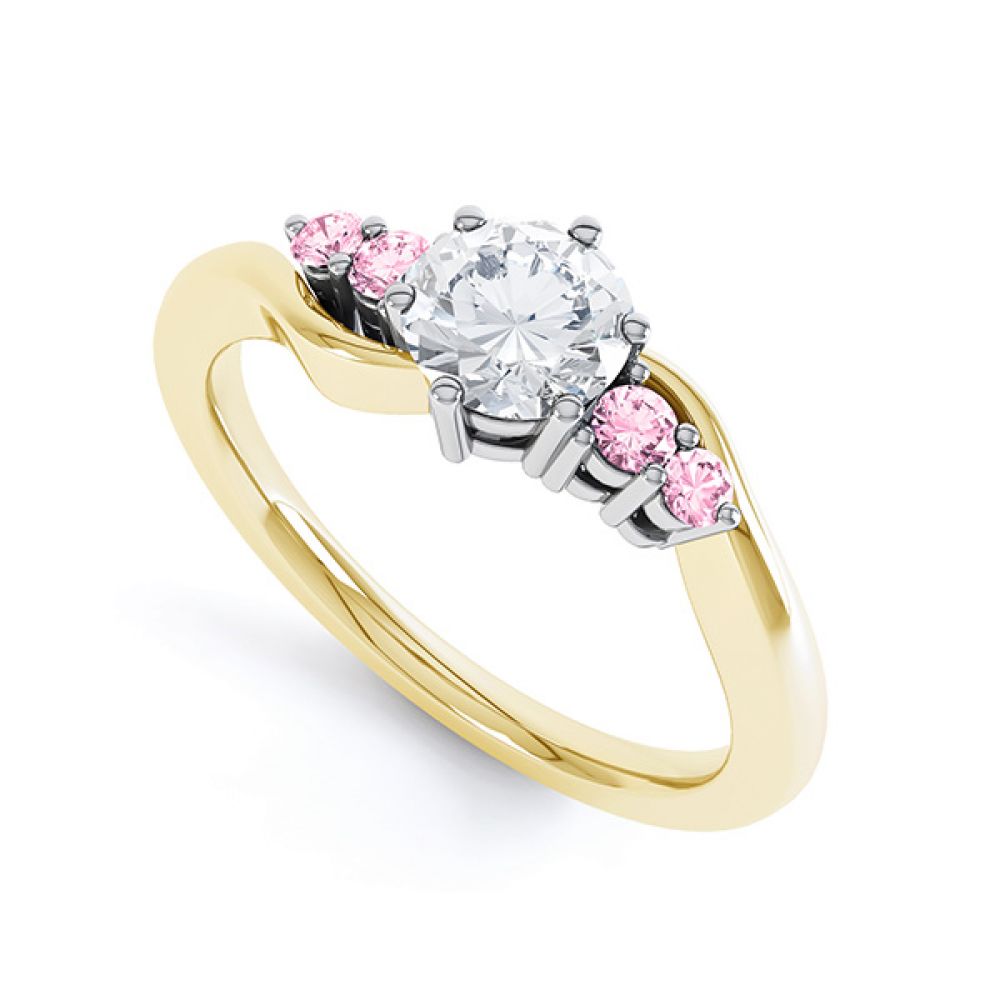 Fuschia pink sapphire and diamond 5 stone engagement ring yellow gold perspective view