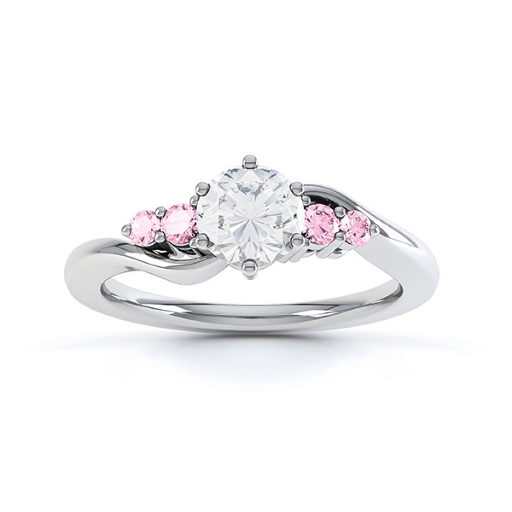 Fuschia pink sapphire and diamond 5 stone engagement ring white gold top view