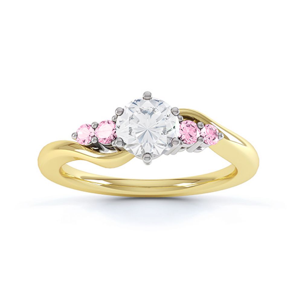 Fuschia pink sapphire and diamond 5 stone engagement ring yellow gold top view