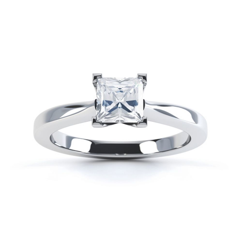 Modern 4 Claw Princess Solitaire Diamond Ring Top View In White Gold