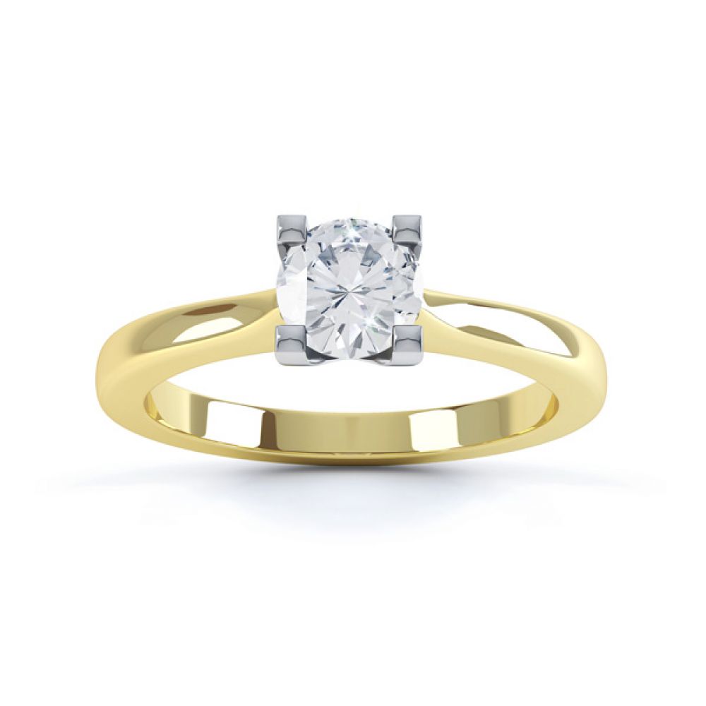 Squared 4 Claw Round Diamond Solitaire Ring Front View In Yellow Gold