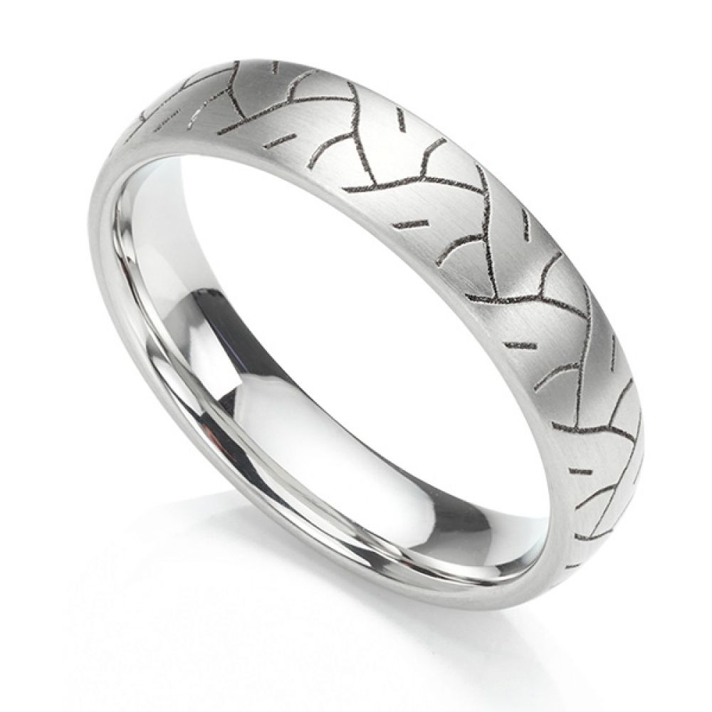 Tyre print laser engraved wedding ring shown in a 5mm width