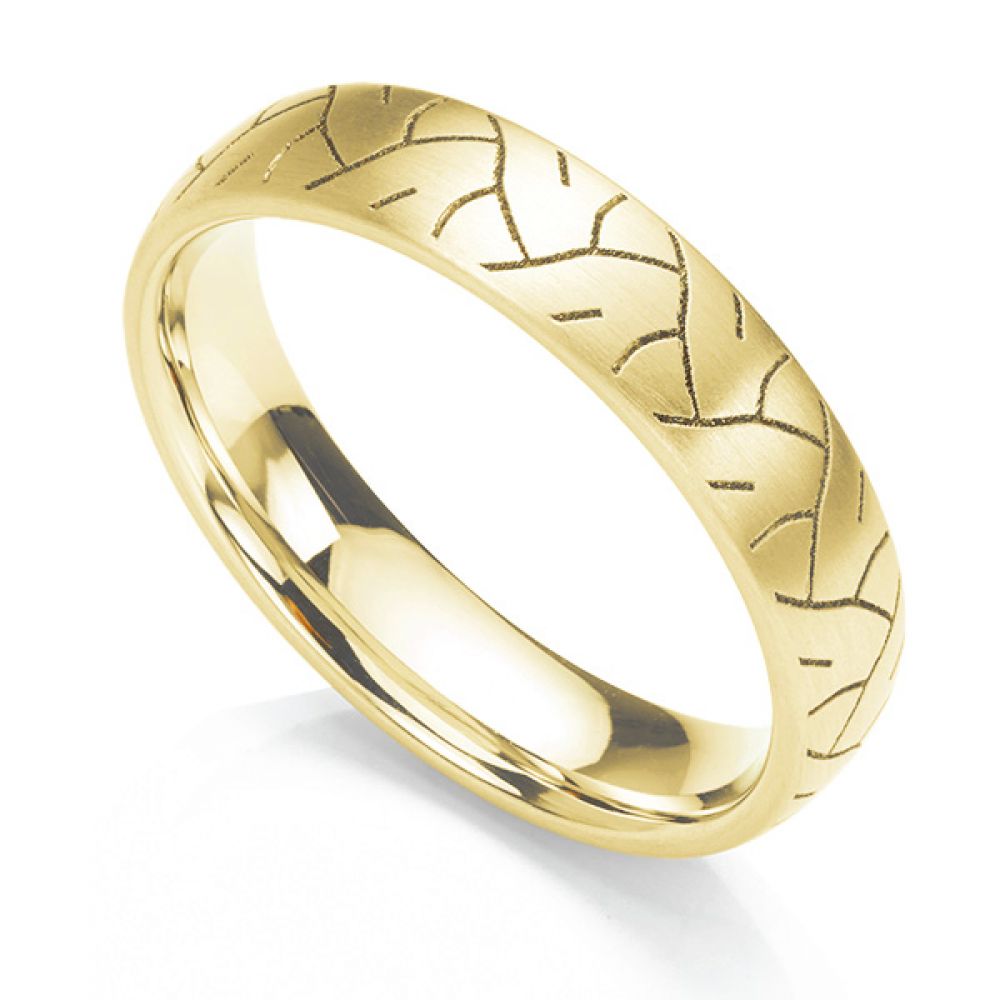 Tyre print laser engraved wedding ring in 18ct yellow gold Tyre print laser engraved wedding ring shown in a 5mm width