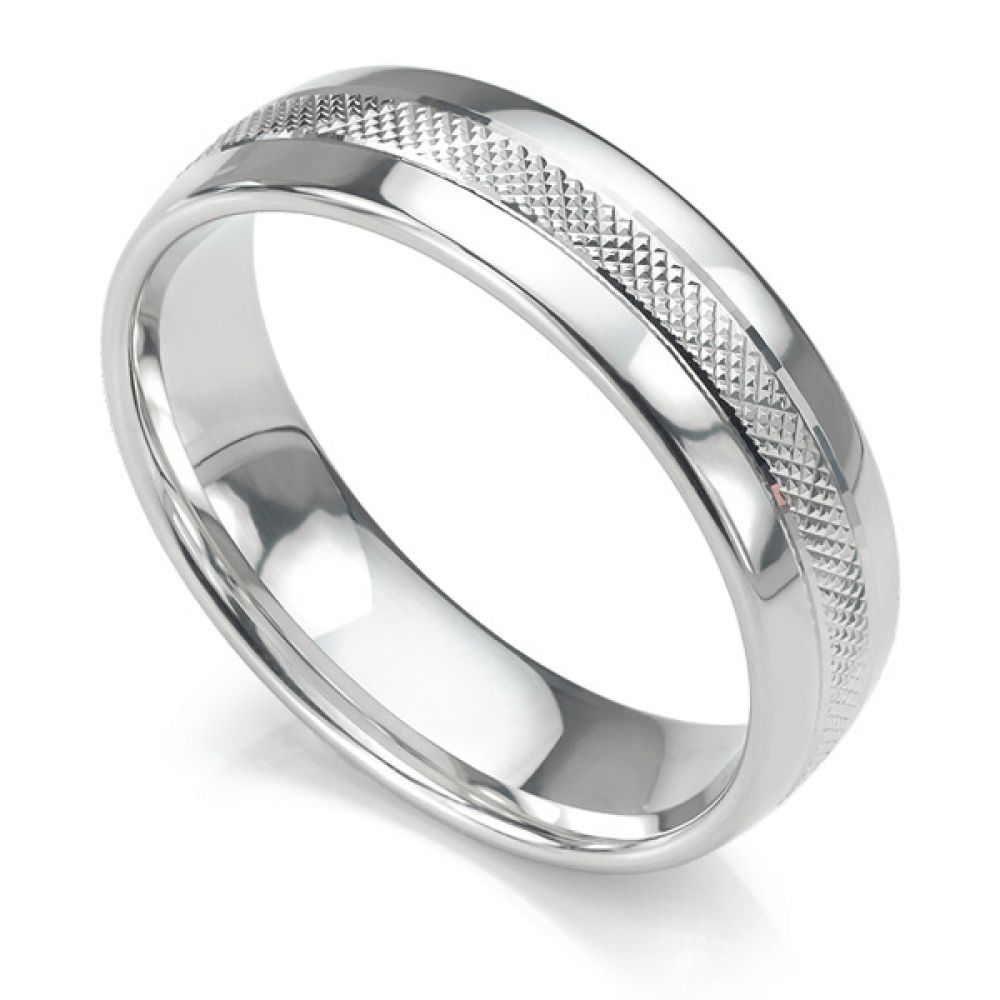 Court shaped 6mm wedding ring with central cross hatched textured pattern in white gold