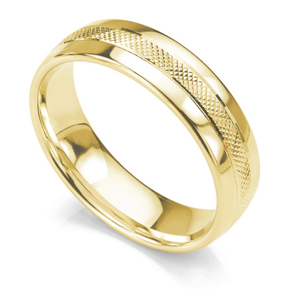 Court shaped 6mm wedding ring with central cross hatched textured pattern in yellow gold