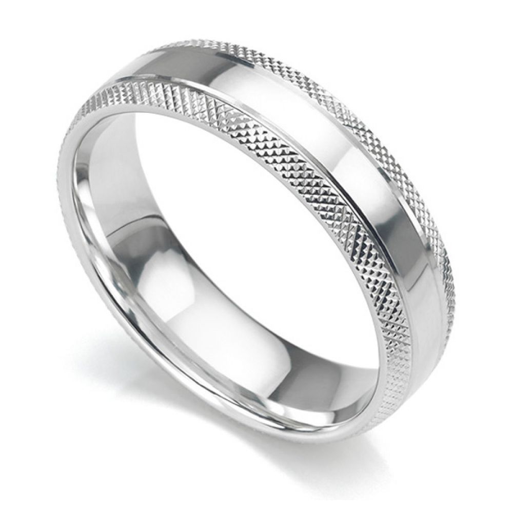 6mm court shaped wedding ring with edges cross-hatch patterned either side of a central polished section in white gold