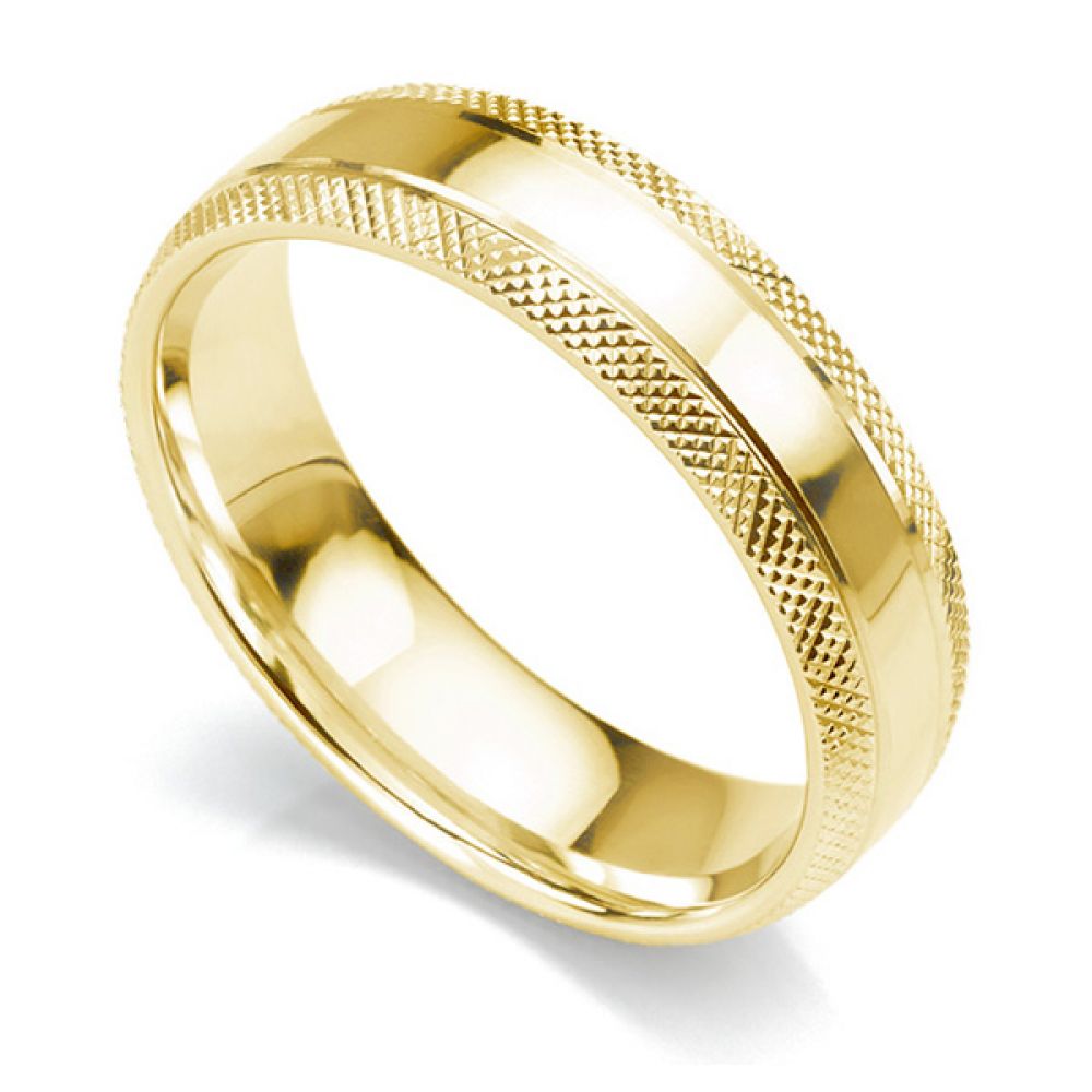 6mm court shaped wedding ring with edges cross-hatch patterned either side of a central polished section in yellow gold