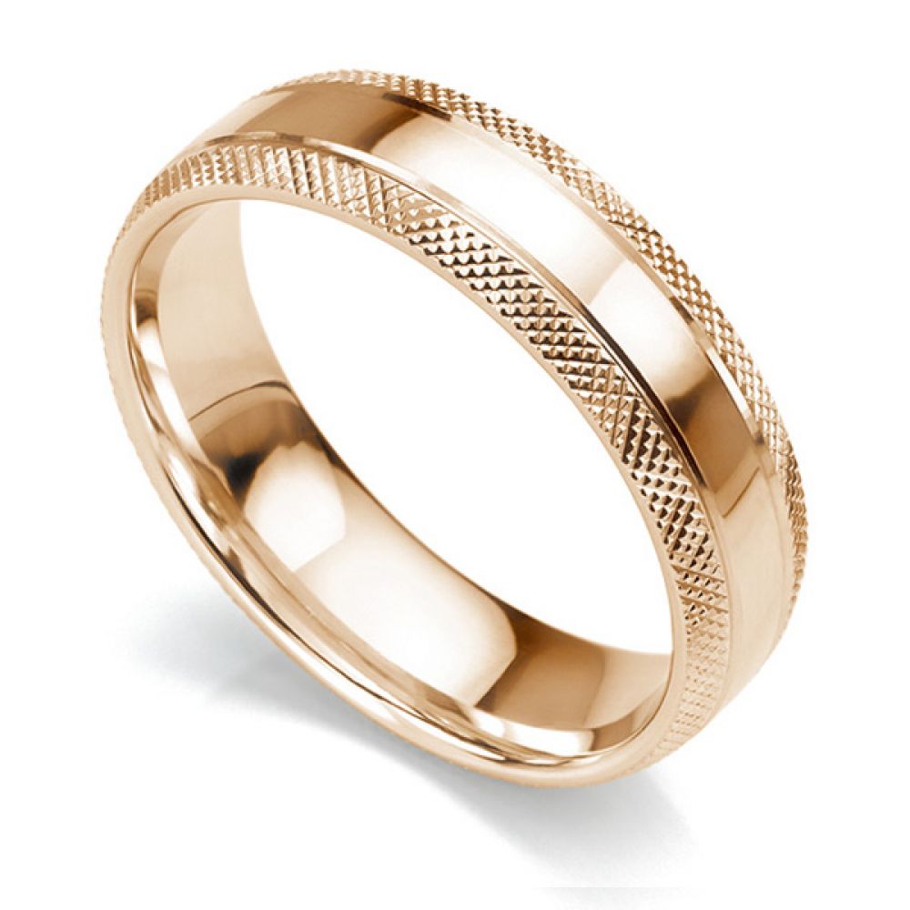 6mm cross hatch patterned wedding ring rose gold 6mm court shaped wedding ring with edges cross-hatch patterned either side of a central polished section in rose gold