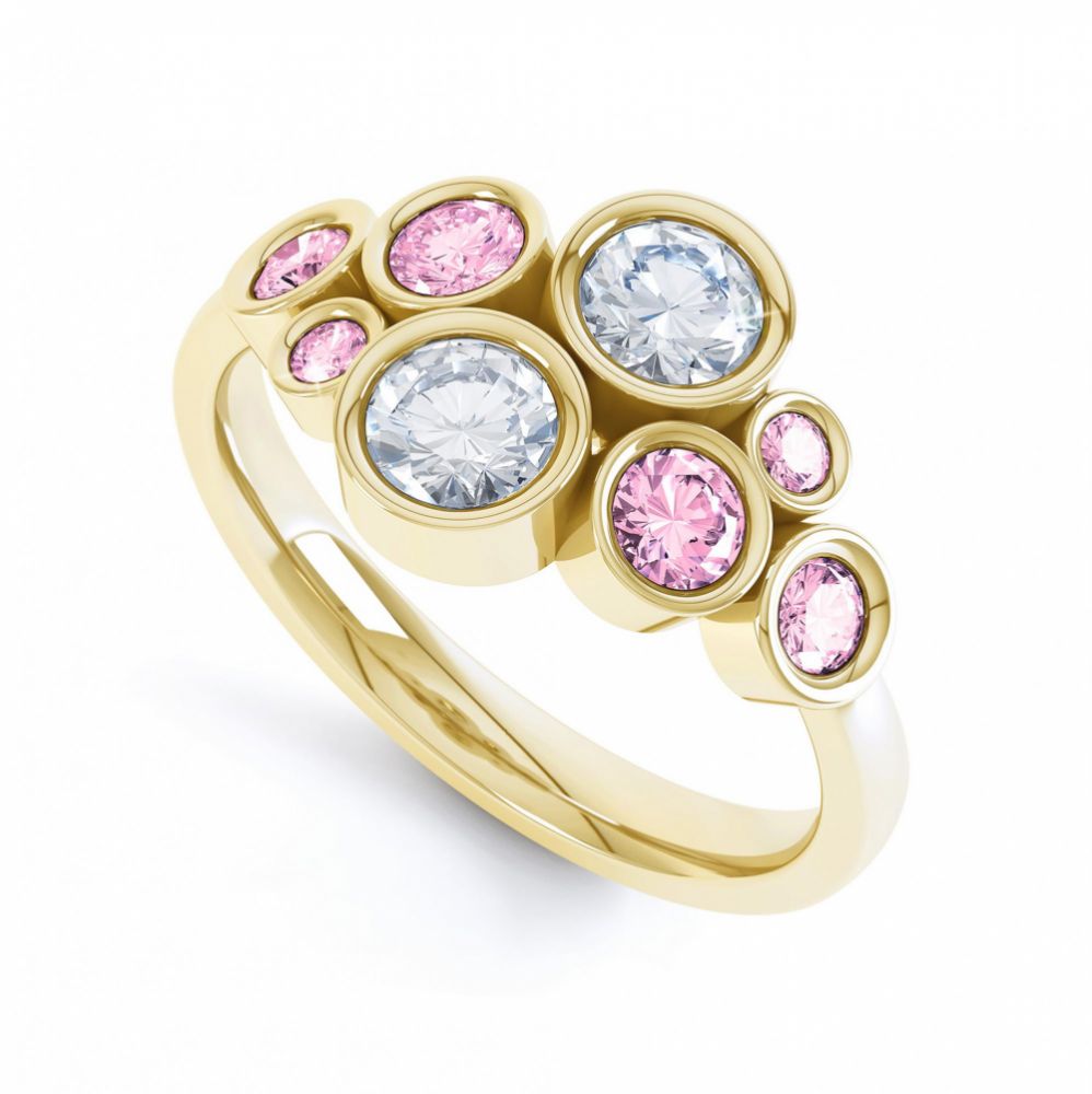 Pink sapphire and diamond bubble ring yellow gold