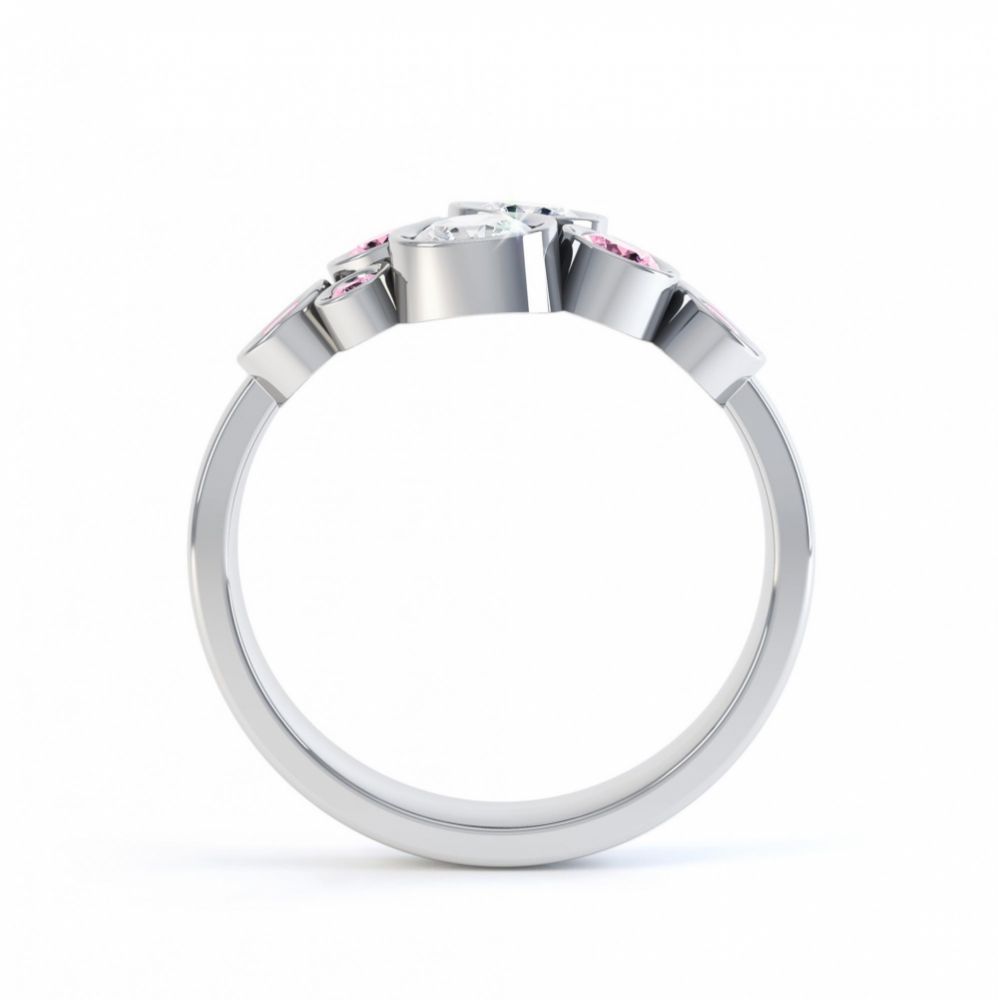 Pink sapphire and diamond bubble ring white gold side view Pink sapphire and diamond bubble ring white gold side view