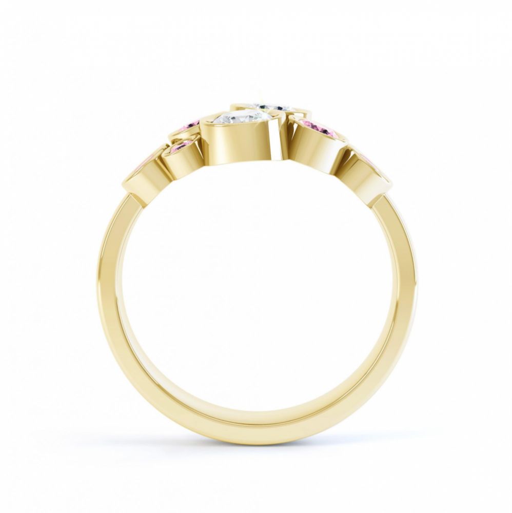 Pink sapphire and diamond bubble ring yellow gold side view