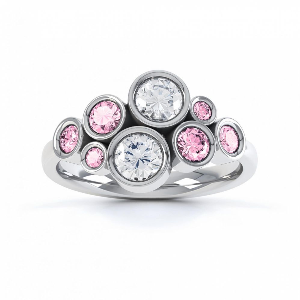 Pink sapphire and diamond bubble ring white gold top view Pink sapphire and diamond bubble ring white gold top view